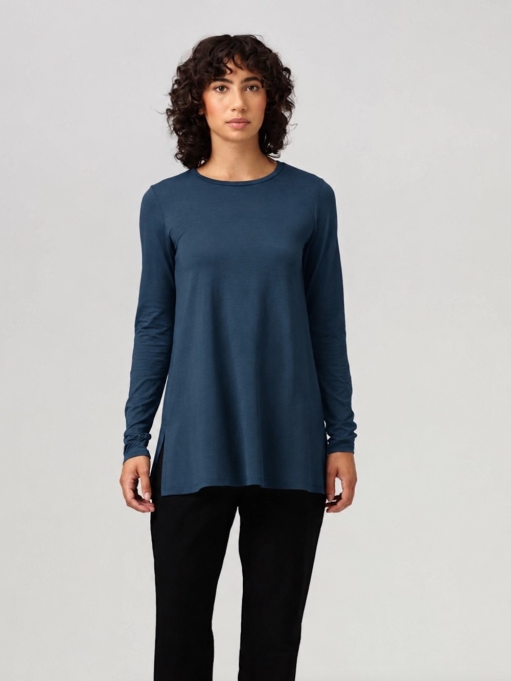 Eileen Fisher Stretch Jersey Knit Crew Neck Long Top Size Large